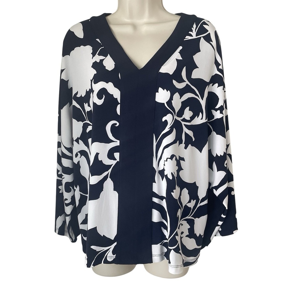 Chico's 2 Navy‎ White Floral Blouse V Neck Stretch Top Women Large 12 14